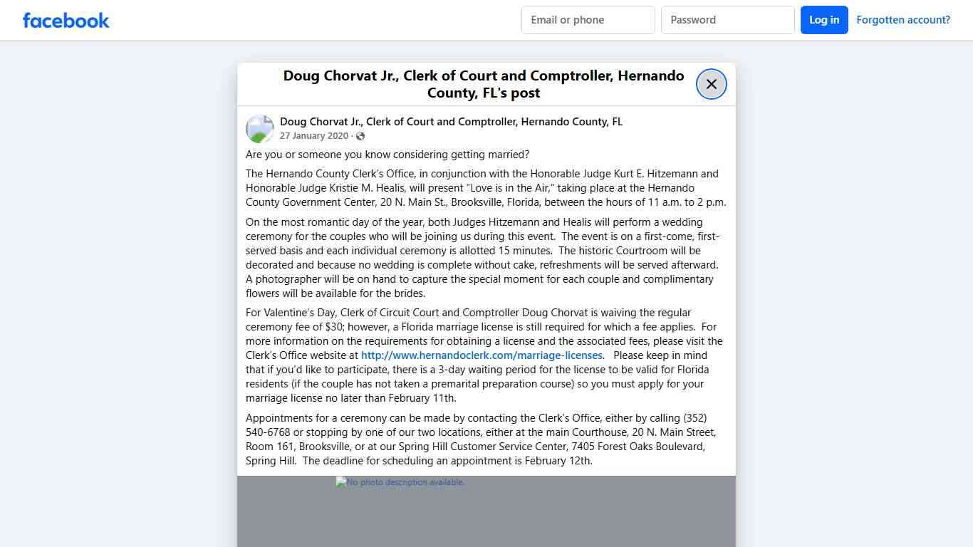 Are you or someone you know considering getting married? The Hernando County Clerk’s Office, in conjunction with the Honorable Judge Kurt E. Hitzemann and Honorable Judge Kristie M. Healis, will present “Love is in the Air,” taking place at the Hernando County Government Center, 20 N. Main St., Brooksville, Florida, between the hours of 11 a.m. to 2 p.m. On the most romantic day of the year, both Judges Hitzemann and Healis will perform a wedding ceremony for the couples who will be joining us d